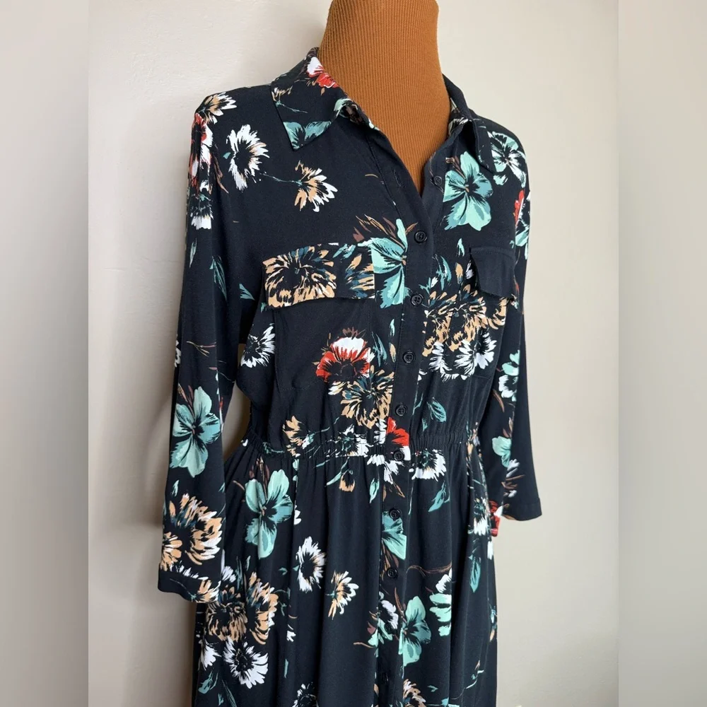Torrid Mini Challis Shirt Dress Black Floral 3/4 Sleeves Size Large - Picture 3 of 8